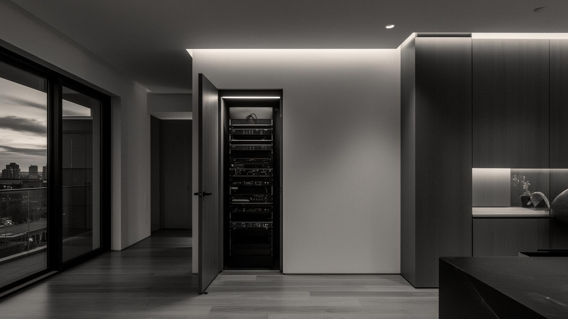 A quiet, modern Minneapolis interior at dusk with a discreet network rack visible through an open closet door.