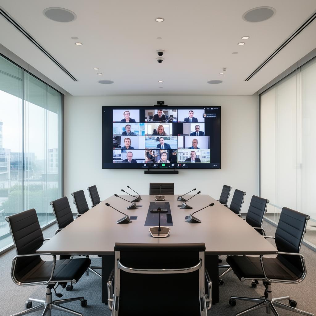A modern corporate boardroom with video conferencing and sleek meeting table.