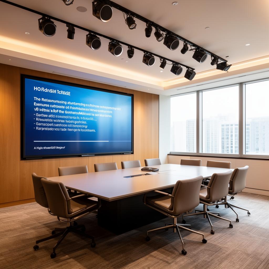 A modern business conference room with display screen and discrete ceiling speakers.