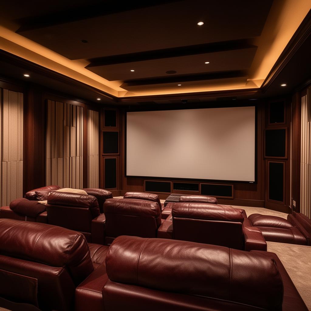 A calibrated home theater with hidden speakers and acoustic treatment.