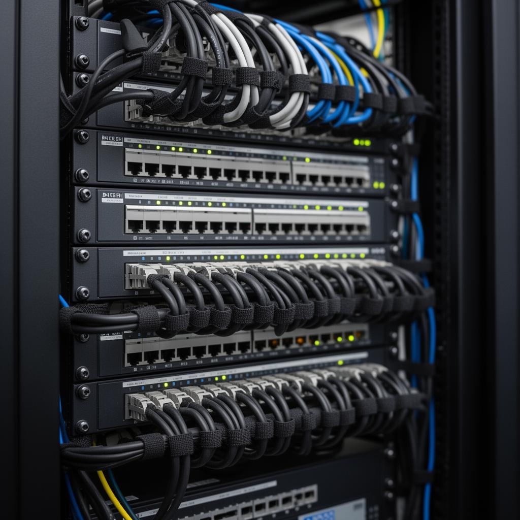 A professionally installed network rack with organized cabling.